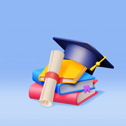 3d graduation cap with diploma and pile of books vector