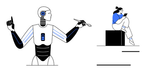 robot interacting with a stylus while person vector image