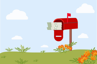 Money stacks in red open mailbox with nature backg vector