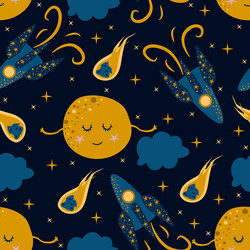Seamless pattern with moon and a rocket vector