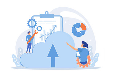 Developer working on laptop with cloud data vector