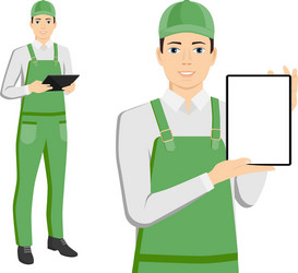 man in uniform with a tablet computer vector