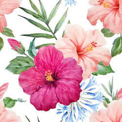 Watercolor Tropical Hibiscus Pattern Vector Image