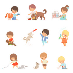 Children Playing with Pets Vector Image