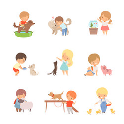 Children and Pets: A Loving Friendship Vector Image