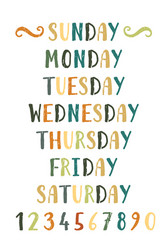 Weekdays. Seven Days Lettering. Calendar. Days Of The Week Monday, Tuesday,  Wednesday, Thursday, Friday, Saturday, Sunday. Lettering Of Calendar List.  Royalty Free SVG, Cliparts, Vectors, and Stock Illustration. Image 63247637.