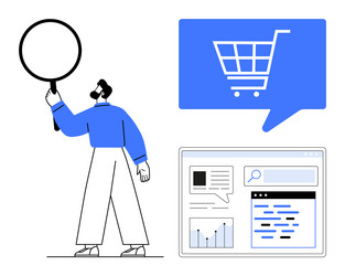 man examining e-commerce analytics with large vector image
