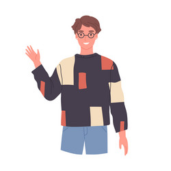 Smiling guy in glasses saying hello and waving vector