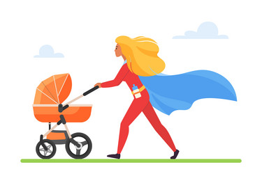 superhero mother pushing stroller with newborn Vector Image