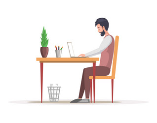 Man employee working on computer at desk side vector