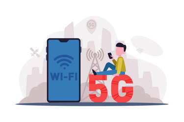 5g technology guy with smartphone using high vector image