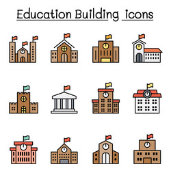 school building icon set in color line style vector image