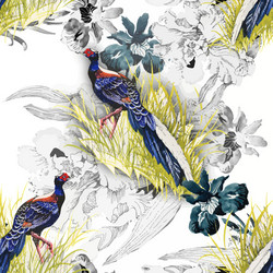 Watercolor Pheasant Floral Pattern Vector Image