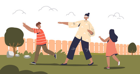 Kids playing blindfolded game outdoors cheerful vector