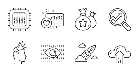 analytics cpu processor and startup rocket icons vector