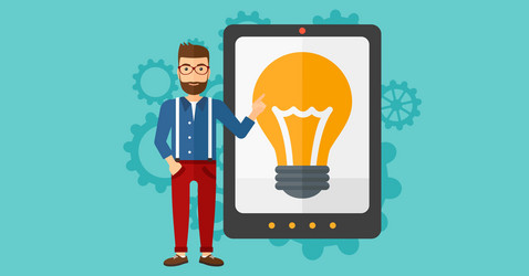 Man pointing at tablet computer with light bulb vector