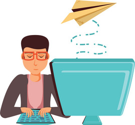 Man with desktop computer and airplane paper vector