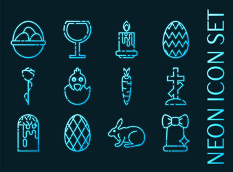 Set easter blue glowing neon icons vector