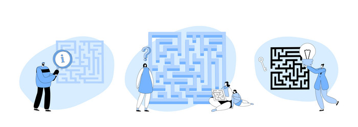 Set characters finding idea solution in labyrinth vector