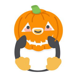 cute penguin holiding a pumpkin vector