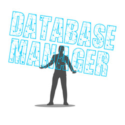 man holding database manager text in his hands vector image