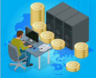 Flat 3d isometric man on computer online mining vector