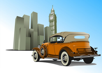 Old rarity car on city background 3d vector