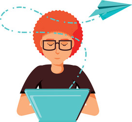 man with laptop computer and airplane paper vector image