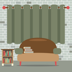 sofa with bookcase in front of green curtain vector