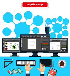 Workspace graphic design monitor tablet keyboard vector