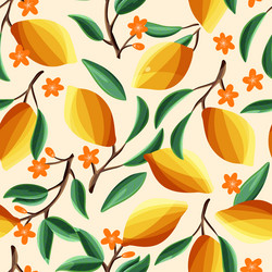 Lemons on tree branches seamless pattern vector