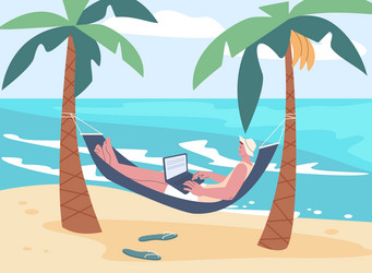 man in hammock relaxing on beach happy tourist vector