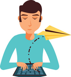 Man with desktop computer and airplane paper vector