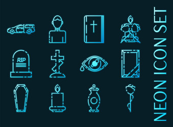 Funeral set icons blue glowing neon style vector