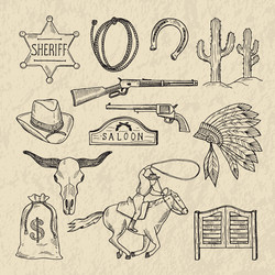 monochrome hand drawn of different wild west vector