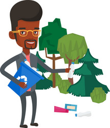 Man collecting garbage in forest vector