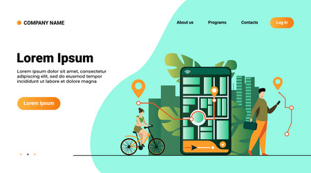 tiny people using mobile application with map vector image