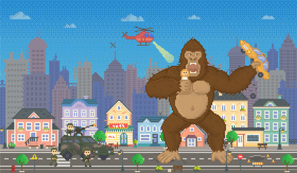 king kong in pixel-game layout design gorilla vector