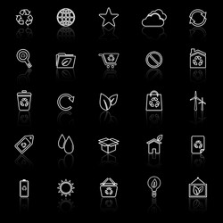 ecology line icons with reflect on black vector