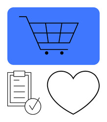 shopping cart with checklist and heart shapes vector image