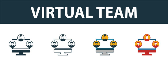 Virtual team icon set four elements in different vector