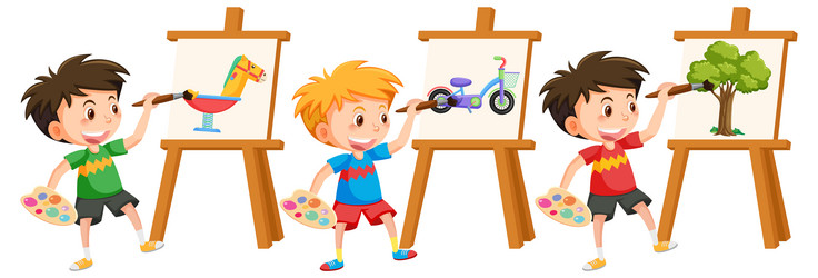 Cute boy painting on canvas vector