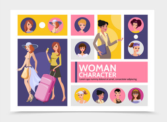 Flat woman characters avatars infographic template vector