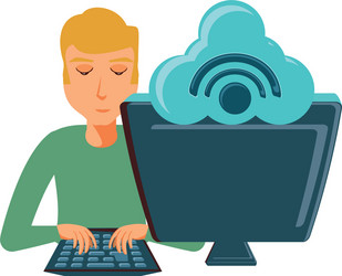 Man with desktop computer and cloud computing vector