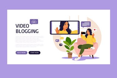 woman video blogger sitting on sofa with phone vector