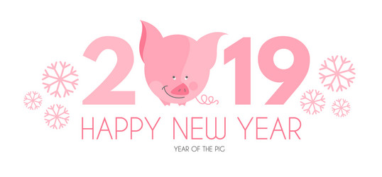 happy new 2019 year template with cartoon pig vector