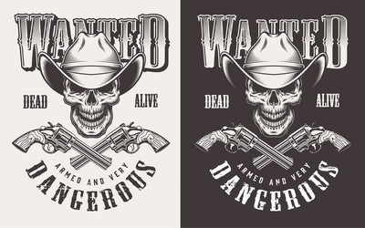 Vintage Wanted Cowboy Skull Print vector image