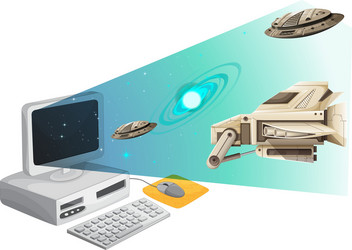 computer screen with spaceships in the space vector image