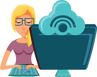 Woman with desktop computer and cloud computing vector