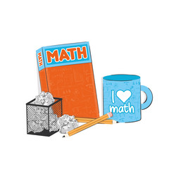Math book with an empty mug and a recyclable bin vector